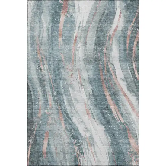 Teal Peach And Ivory Abstract Washable Area Rug With UV Protection Photo 1