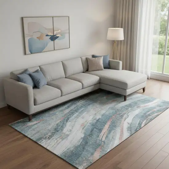 Teal Peach And Ivory Abstract Washable Area Rug With UV Protection Photo 2