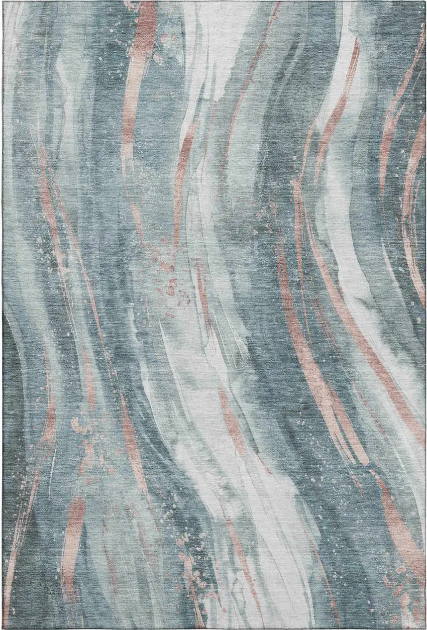 Teal Peach And Ivory Abstract Washable Area Rug With UV Protection Photo 1