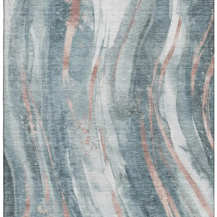 Teal Peach And Ivory Abstract Washable Area Rug With UV Protection Photo 2