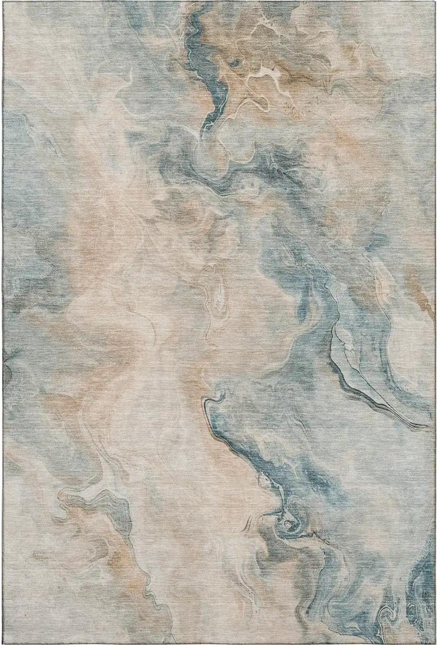 Teal Peach And Ivory Abstract Washable Area Rug With UV Protection Photo 1