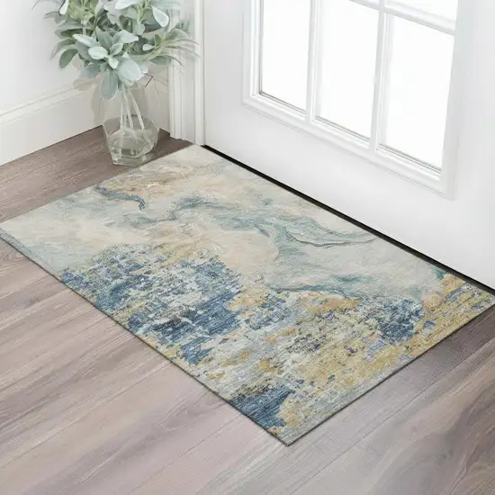 Teal Peach And Ivory Abstract Washable Area Rug With UV Protection Photo 2