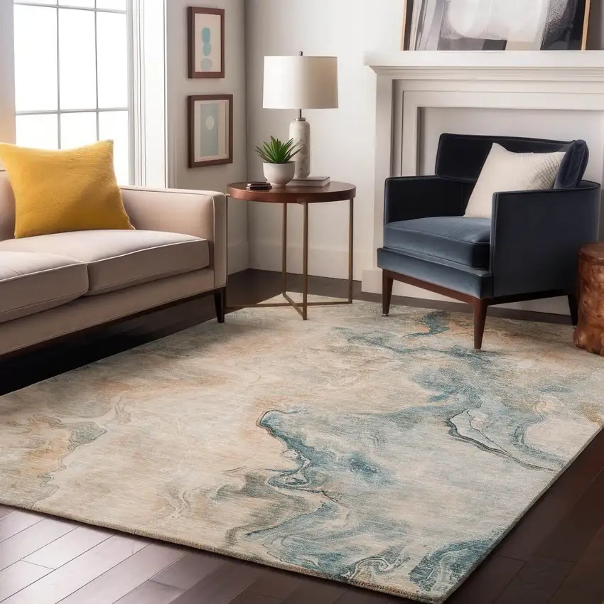 Teal Peach And Ivory Abstract Washable Area Rug With UV Protection Photo 5