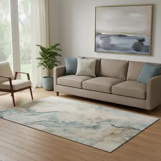 Teal Peach And Ivory Abstract Washable Area Rug With UV Protection Photo 2