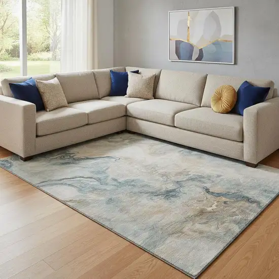 Teal Peach And Ivory Abstract Washable Area Rug With UV Protection Photo 2