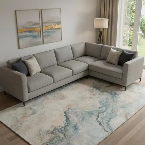 Teal Peach And Ivory Abstract Washable Area Rug With UV Protection Photo 2