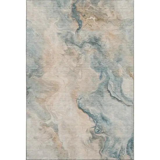 Teal Peach And Ivory Abstract Washable Area Rug With UV Protection Photo 1