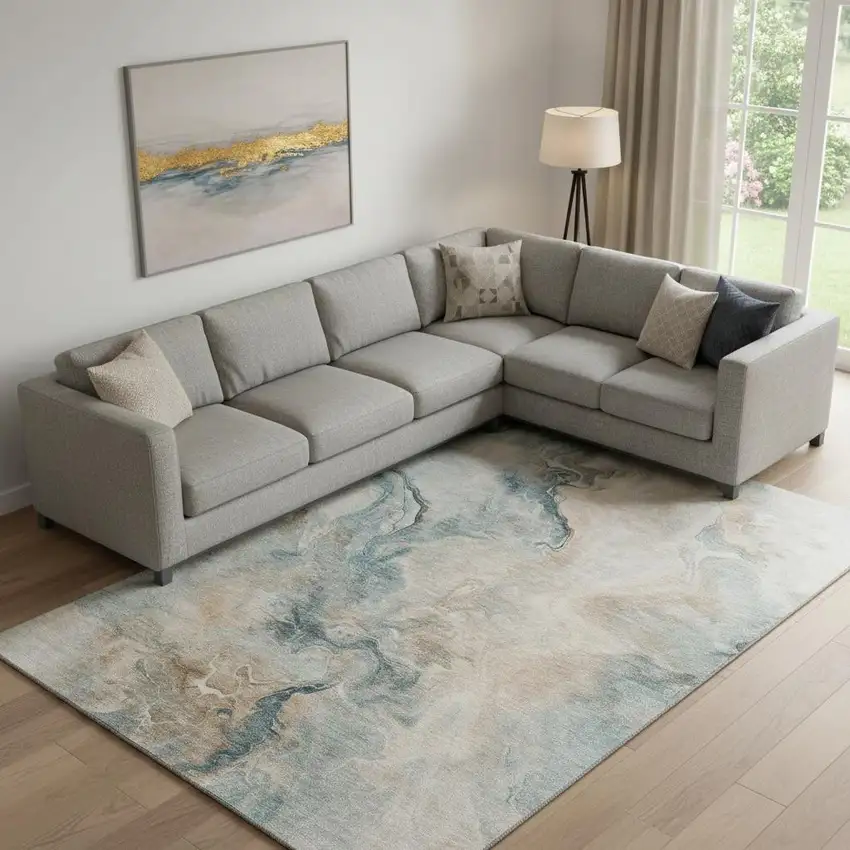 Teal Peach And Ivory Abstract Washable Area Rug With UV Protection Photo 2