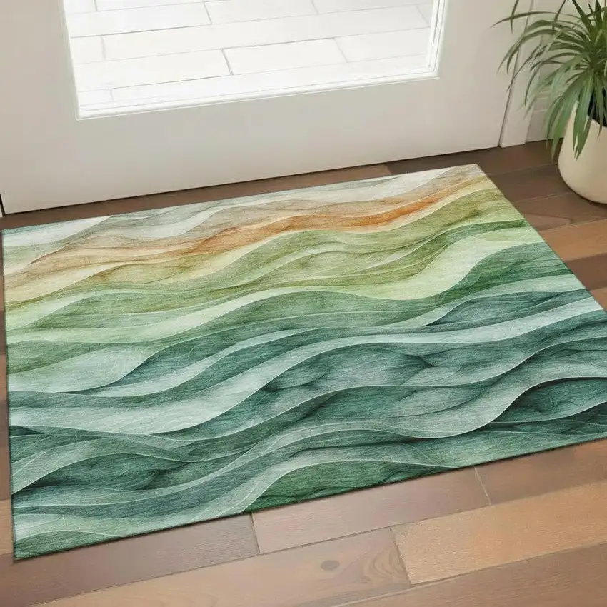 Teal Peach And Lime Green Abstract Washable Area Rug With UV Protection Photo 2