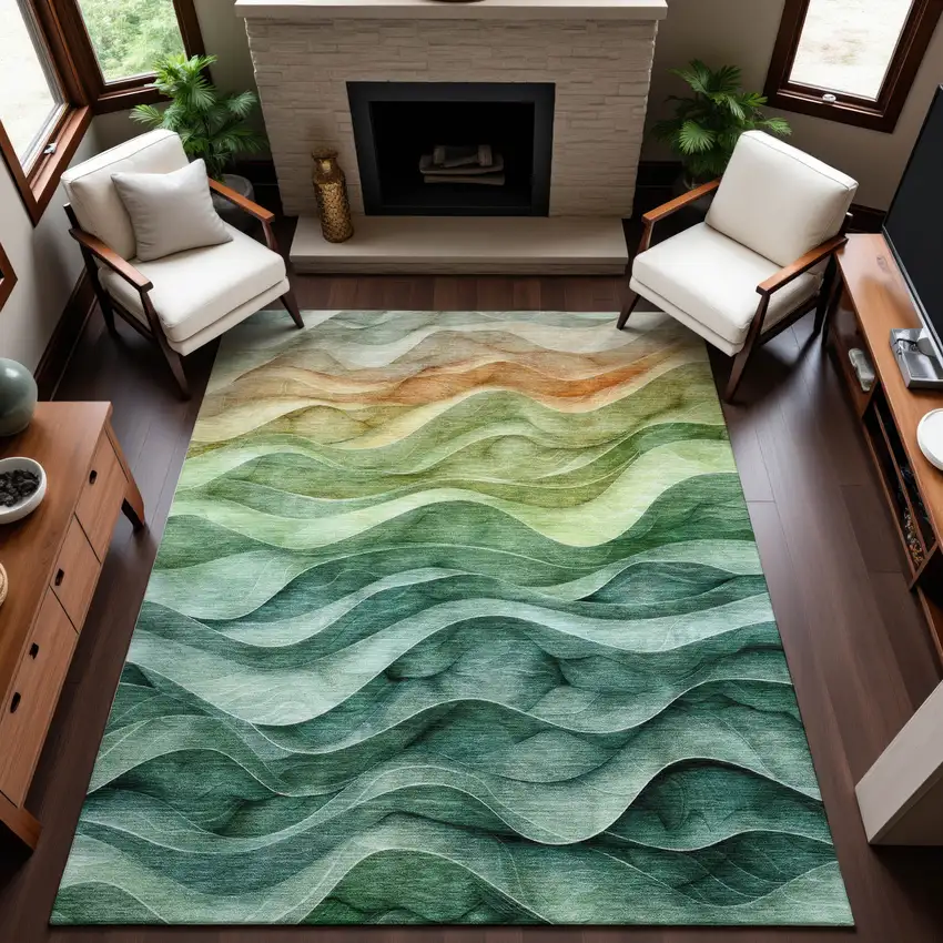 Teal Peach And Lime Green Abstract Washable Area Rug With UV Protection Photo 4