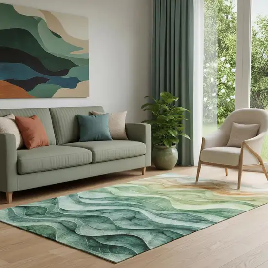 Teal Peach And Lime Green Abstract Washable Area Rug With UV Protection Photo 2