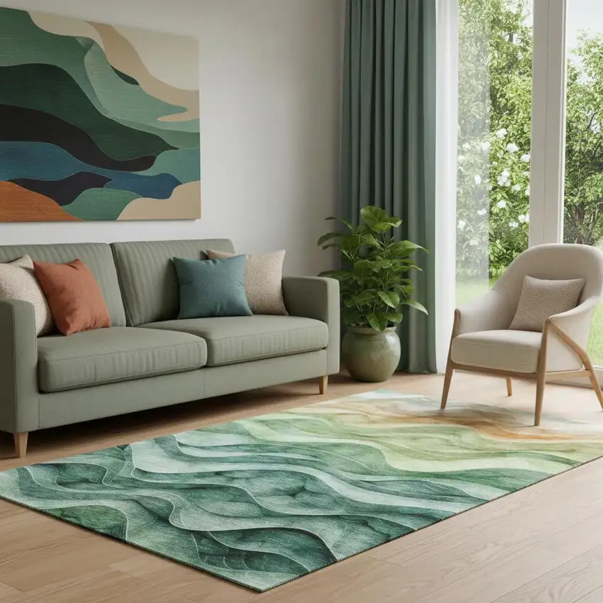 Teal Peach And Lime Green Abstract Washable Area Rug With UV Protection Photo 2