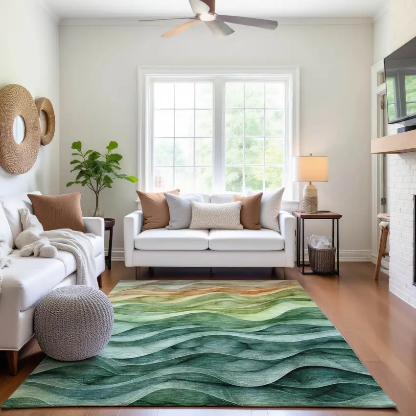 Teal Peach And Lime Green Abstract Washable Area Rug With UV Protection Photo 6