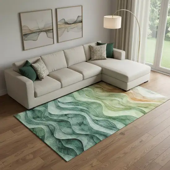 Teal Peach And Lime Green Abstract Washable Area Rug With UV Protection Photo 2