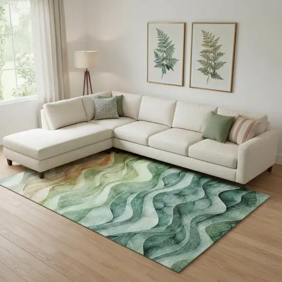 Teal Peach And Lime Green Abstract Washable Area Rug With UV Protection Photo 2