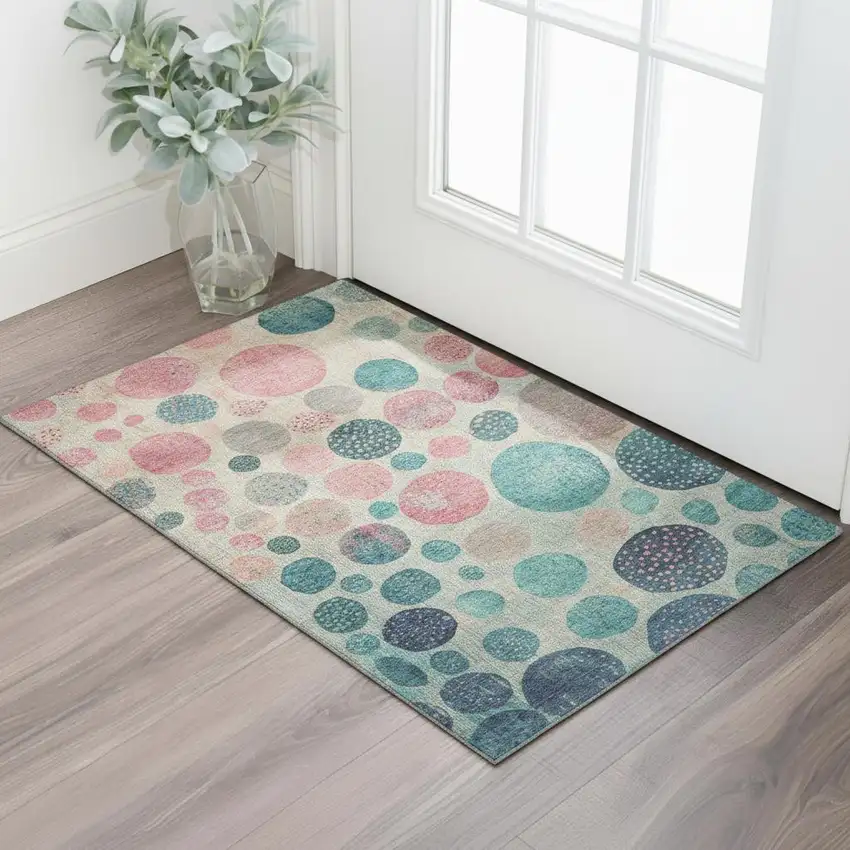 Teal Pink And Beige Geometric Washable Area Rug With UV Protection Photo 2