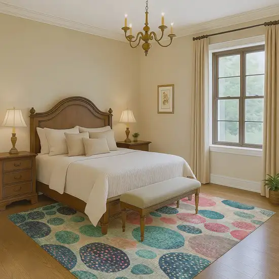 Teal Pink And Beige Geometric Washable Area Rug With UV Protection Photo 5