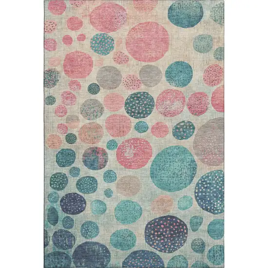 Teal Pink And Beige Geometric Washable Area Rug With UV Protection Photo 1