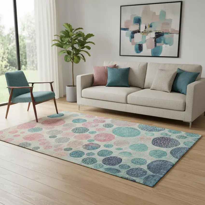Teal Pink And Beige Geometric Washable Area Rug With UV Protection Photo 2