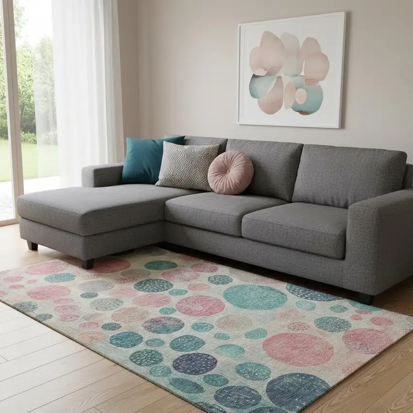 Teal Pink And Beige Geometric Washable Area Rug With UV Protection Photo 2