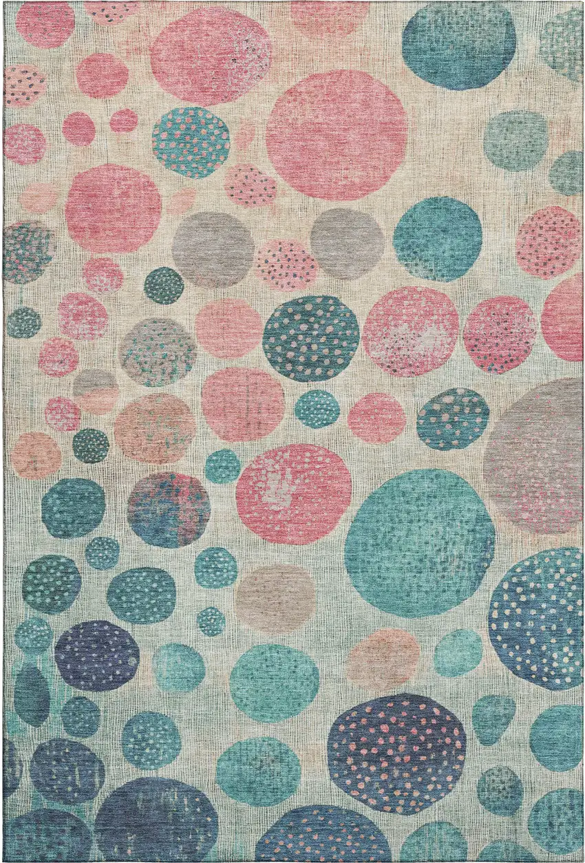 Teal Pink And Beige Geometric Washable Area Rug With UV Protection Photo 1