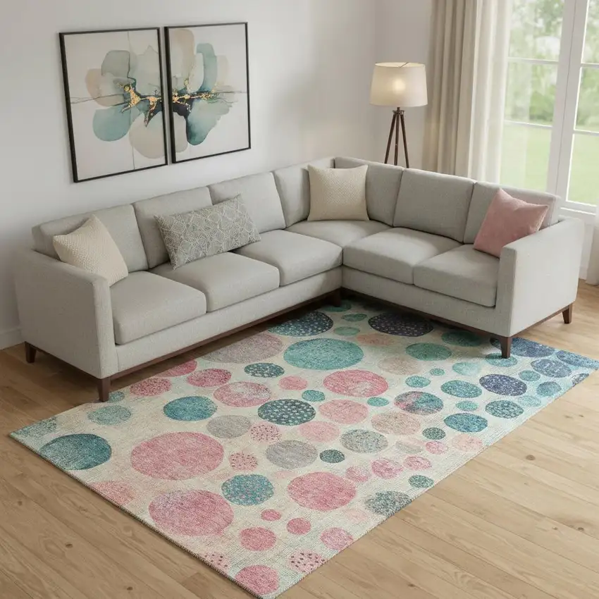 Teal Pink And Beige Geometric Washable Area Rug With UV Protection Photo 2