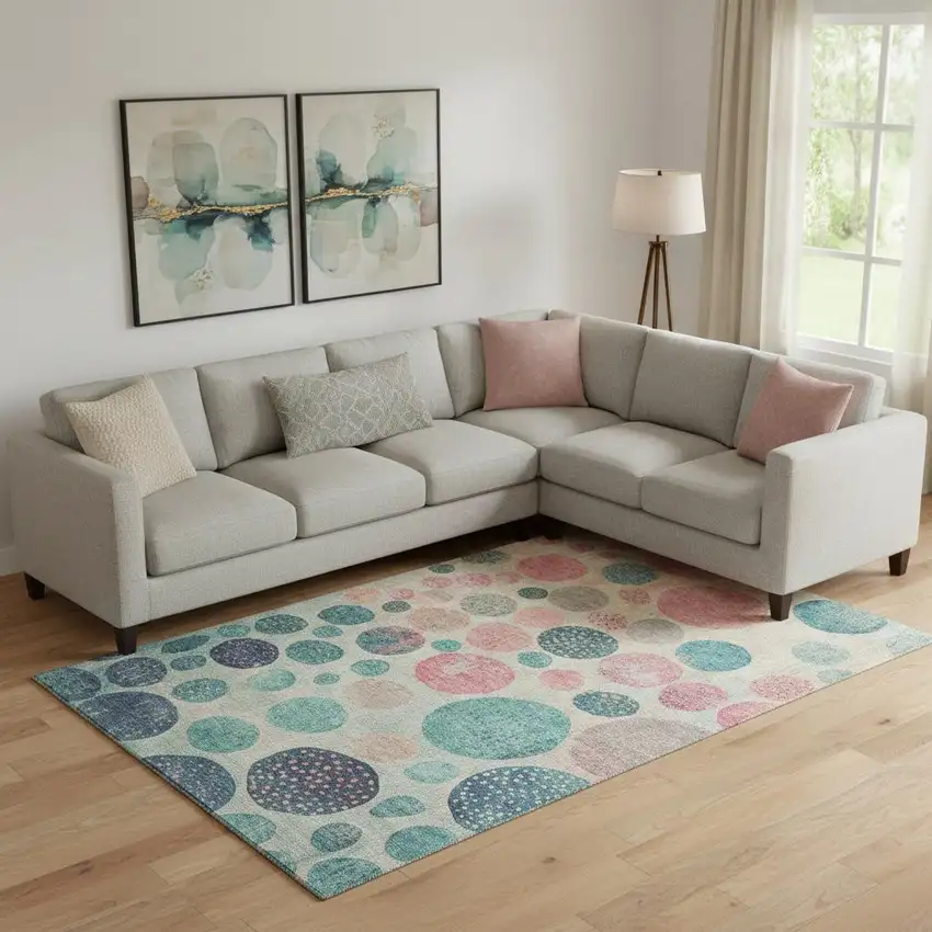 Teal Pink And Beige Geometric Washable Area Rug With UV Protection Photo 2