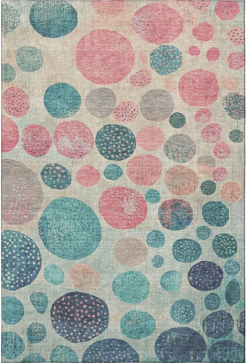 Teal Pink And Beige Geometric Washable Area Rug With UV Protection Photo 4