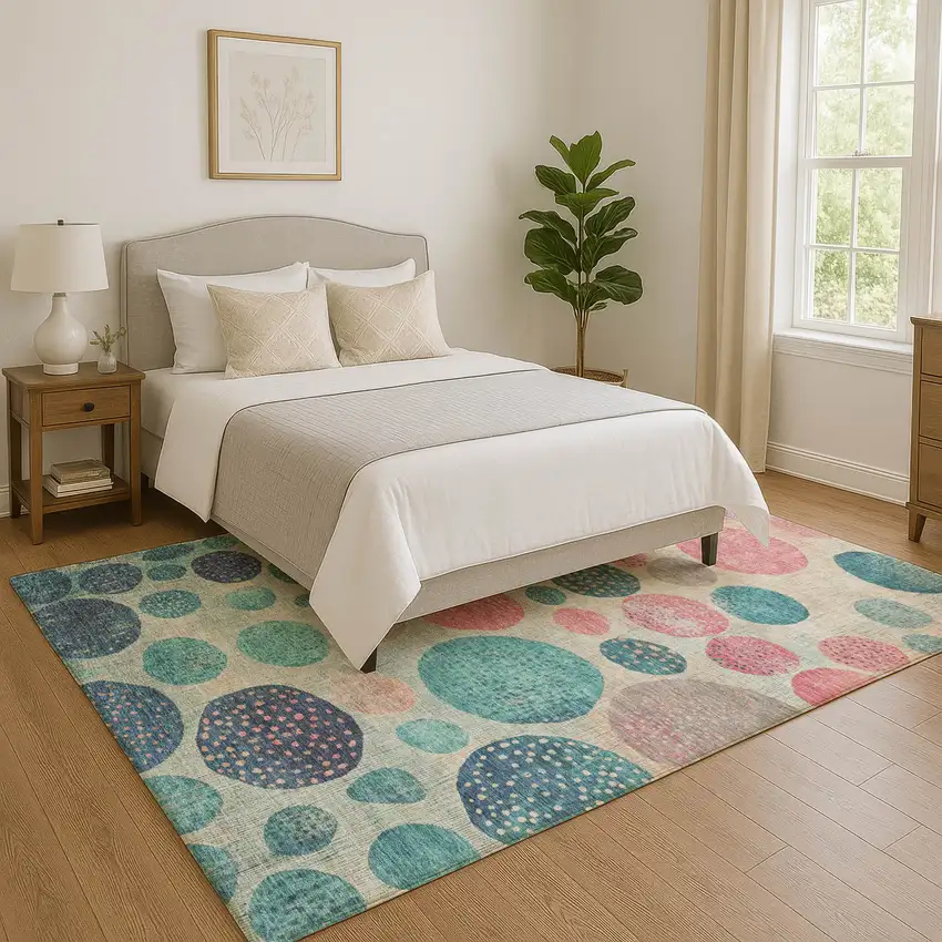 Teal Pink And Beige Geometric Washable Area Rug With UV Protection Photo 5