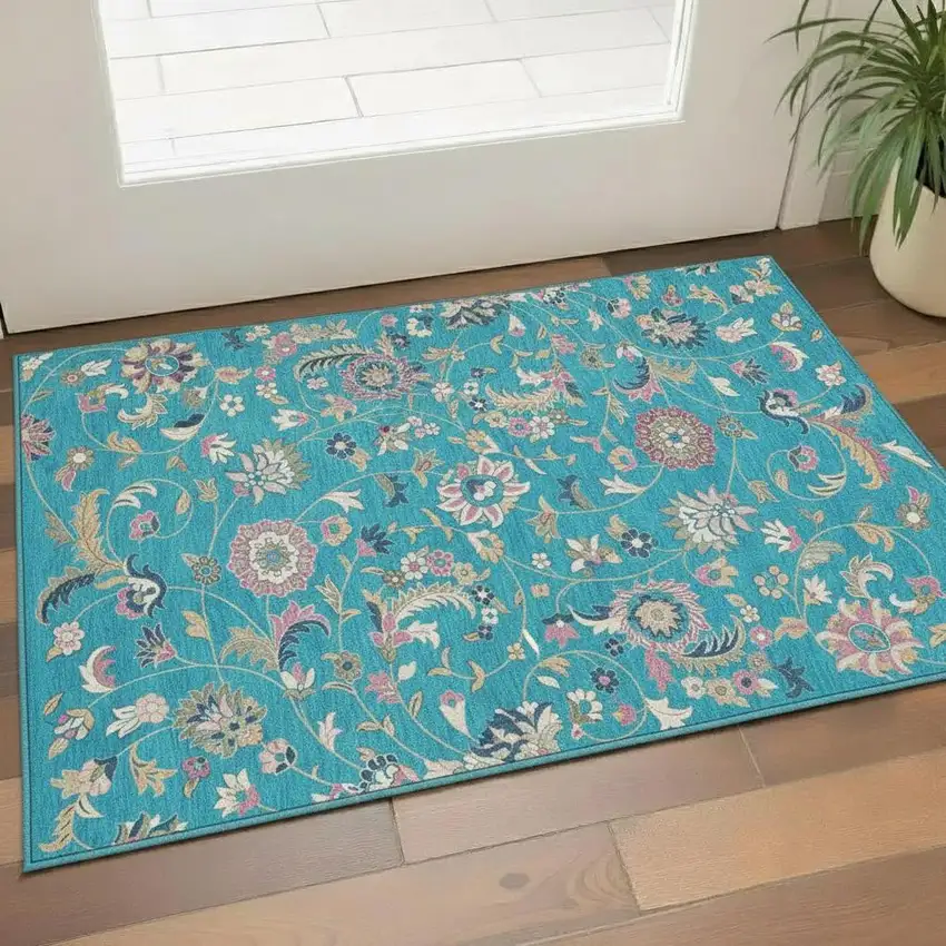 Teal Pink And Copper Floral Washable Area Rug With UV Protection Photo 2
