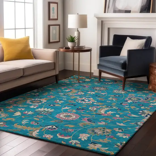 Teal Pink And Copper Floral Washable Area Rug With UV Protection Photo 4