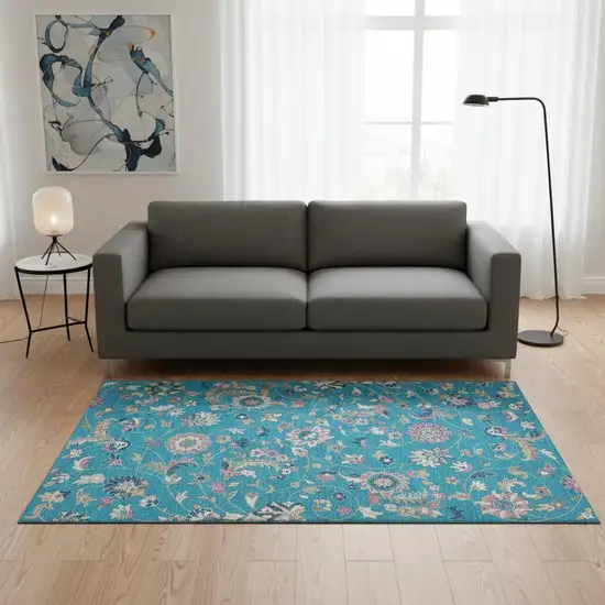 Teal Pink And Copper Floral Washable Area Rug With UV Protection Photo 2