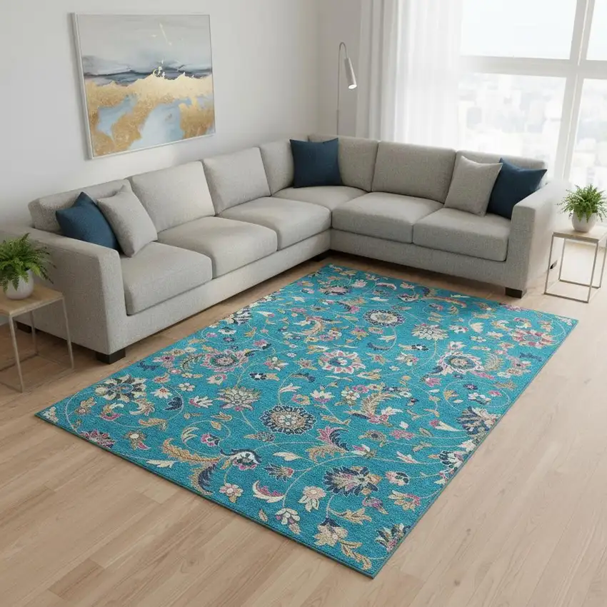 Teal Pink And Copper Floral Washable Area Rug With UV Protection Photo 2