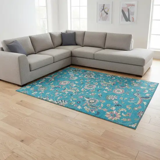 Teal Pink And Copper Floral Washable Area Rug With UV Protection Photo 2