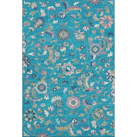 Teal Pink And Copper Floral Washable Area Rug With UV Protection Photo 1