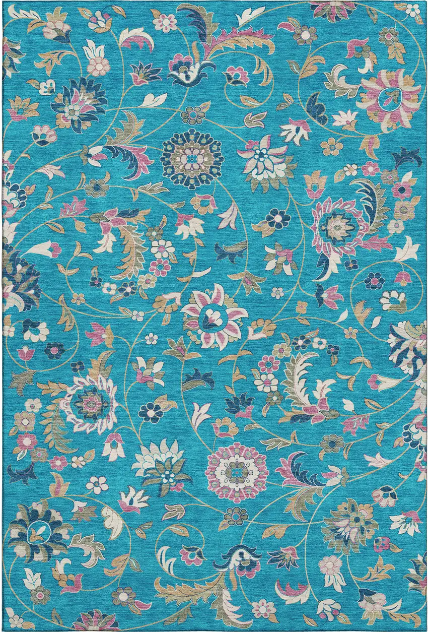 Teal Pink And Copper Floral Washable Area Rug With UV Protection Photo 1
