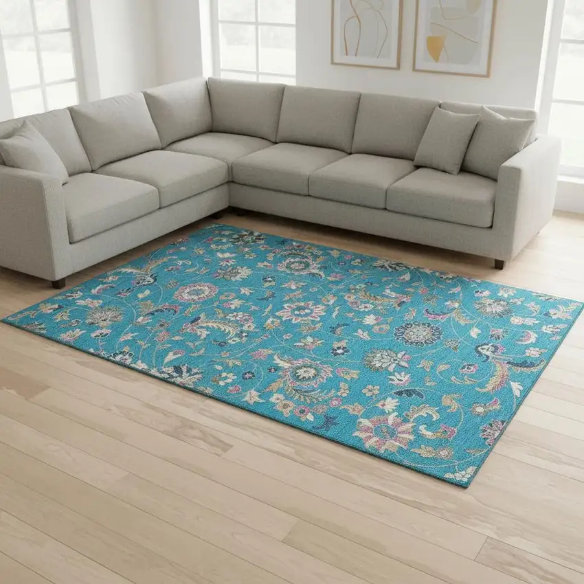 Teal Pink And Copper Floral Washable Area Rug With UV Protection Photo 2