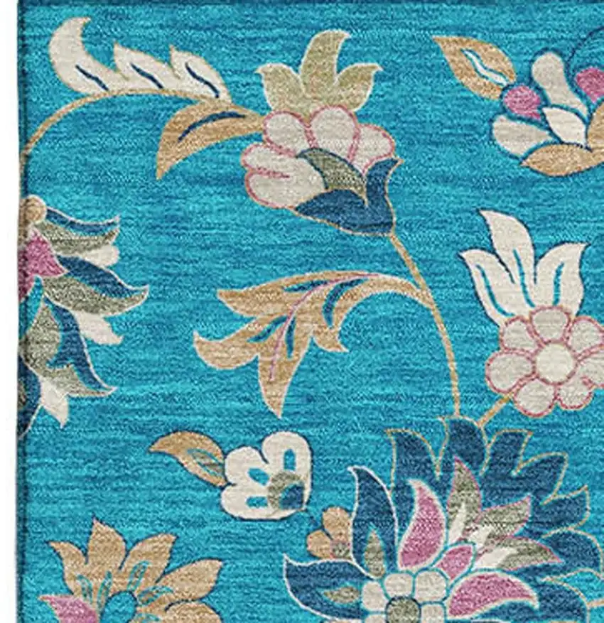 Teal Pink And Copper Floral Washable Area Rug With UV Protection Photo 3