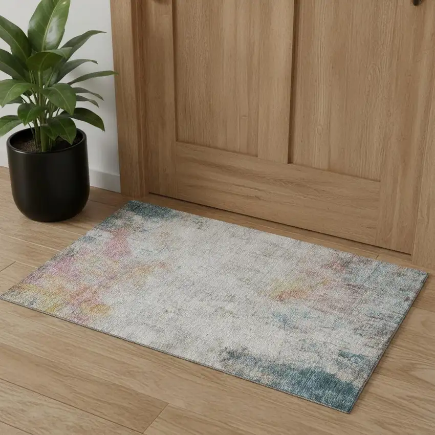 Teal Pink And Gold Abstract Washable Area Rug With UV Protection Photo 1