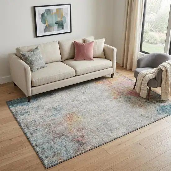 Teal Pink And Gold Abstract Washable Area Rug With UV Protection Photo 1