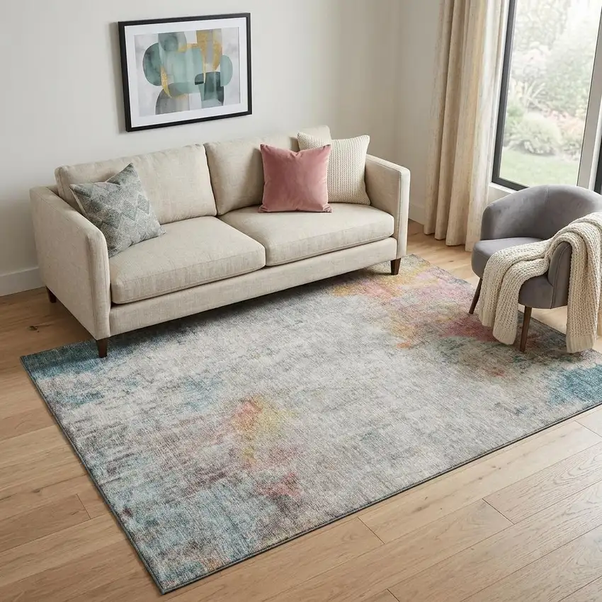 Teal Pink And Gold Abstract Washable Area Rug With UV Protection Photo 1