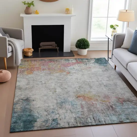 Teal Pink And Gold Abstract Washable Area Rug With UV Protection Photo 2