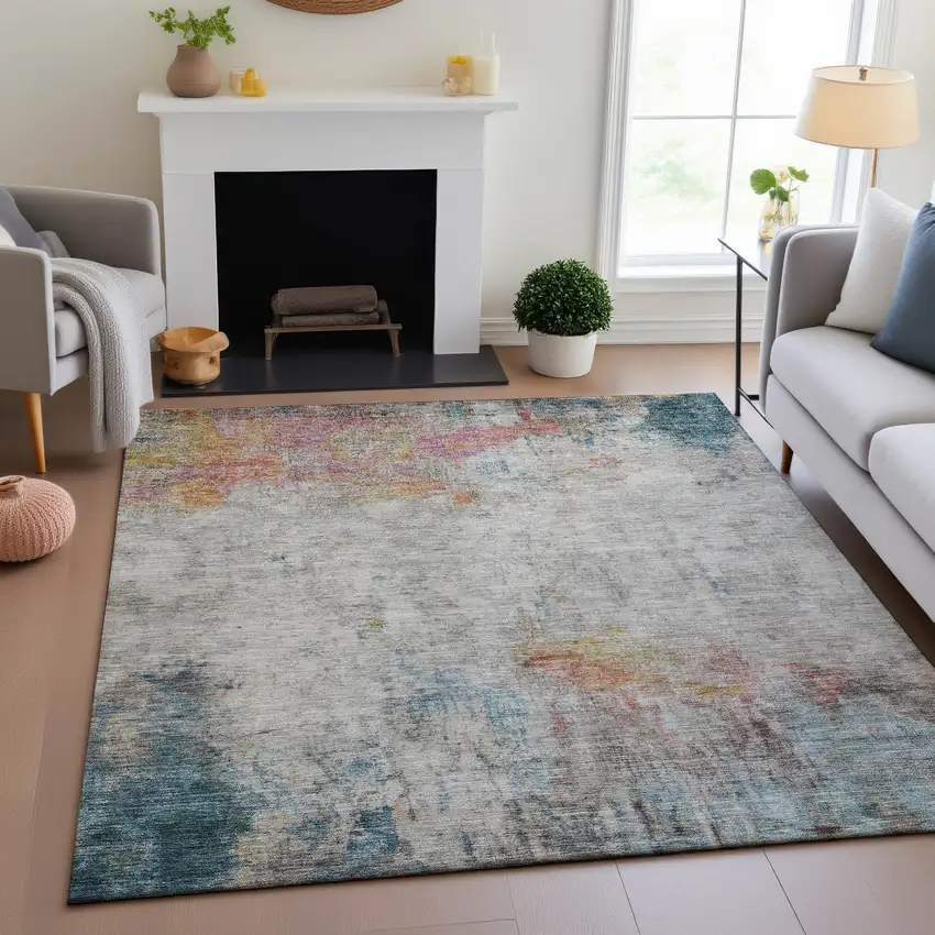 Teal Pink And Gold Abstract Washable Area Rug With UV Protection Photo 2