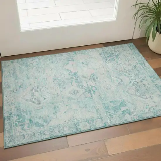 Teal Pink And Gray Floral Washable Area Rug With UV Protection Photo 2