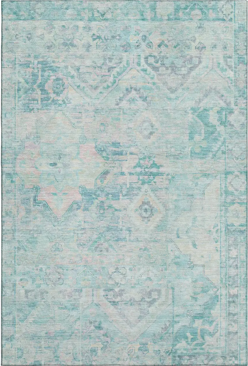 Teal Pink And Gray Floral Washable Area Rug With UV Protection Photo 1