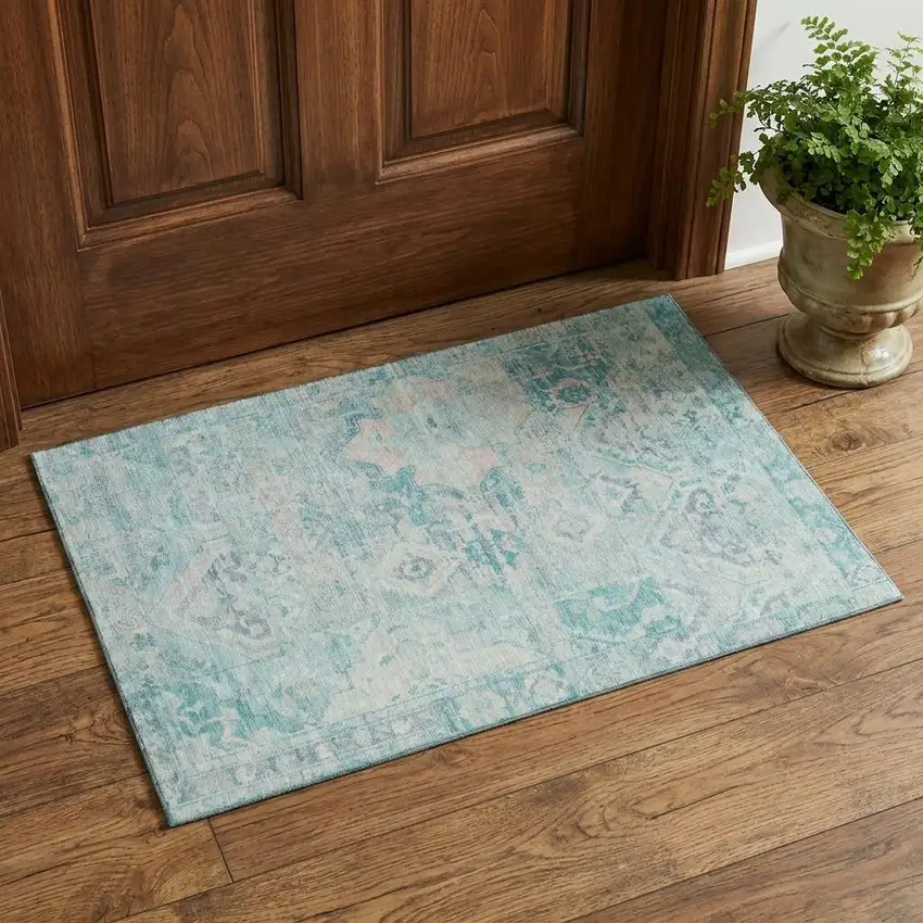 Teal Pink And Gray Floral Washable Area Rug With UV Protection Photo 1