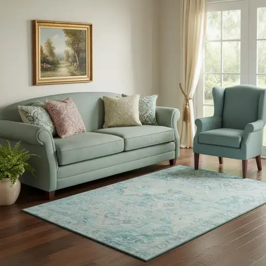 Teal Pink And Gray Floral Washable Area Rug With UV Protection Photo 2