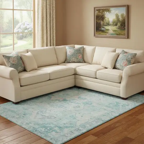 Teal Pink And Gray Floral Washable Area Rug With UV Protection Photo 2