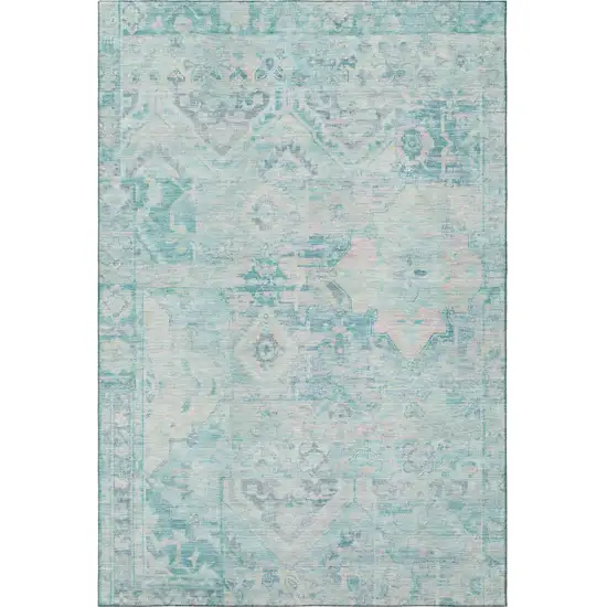 Teal Pink And Gray Floral Washable Area Rug With UV Protection Photo 3
