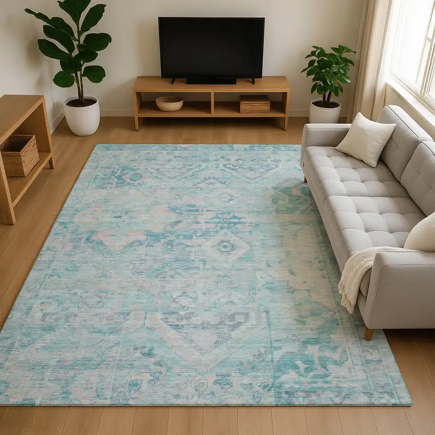 Teal Pink And Gray Floral Washable Area Rug With UV Protection Photo 4